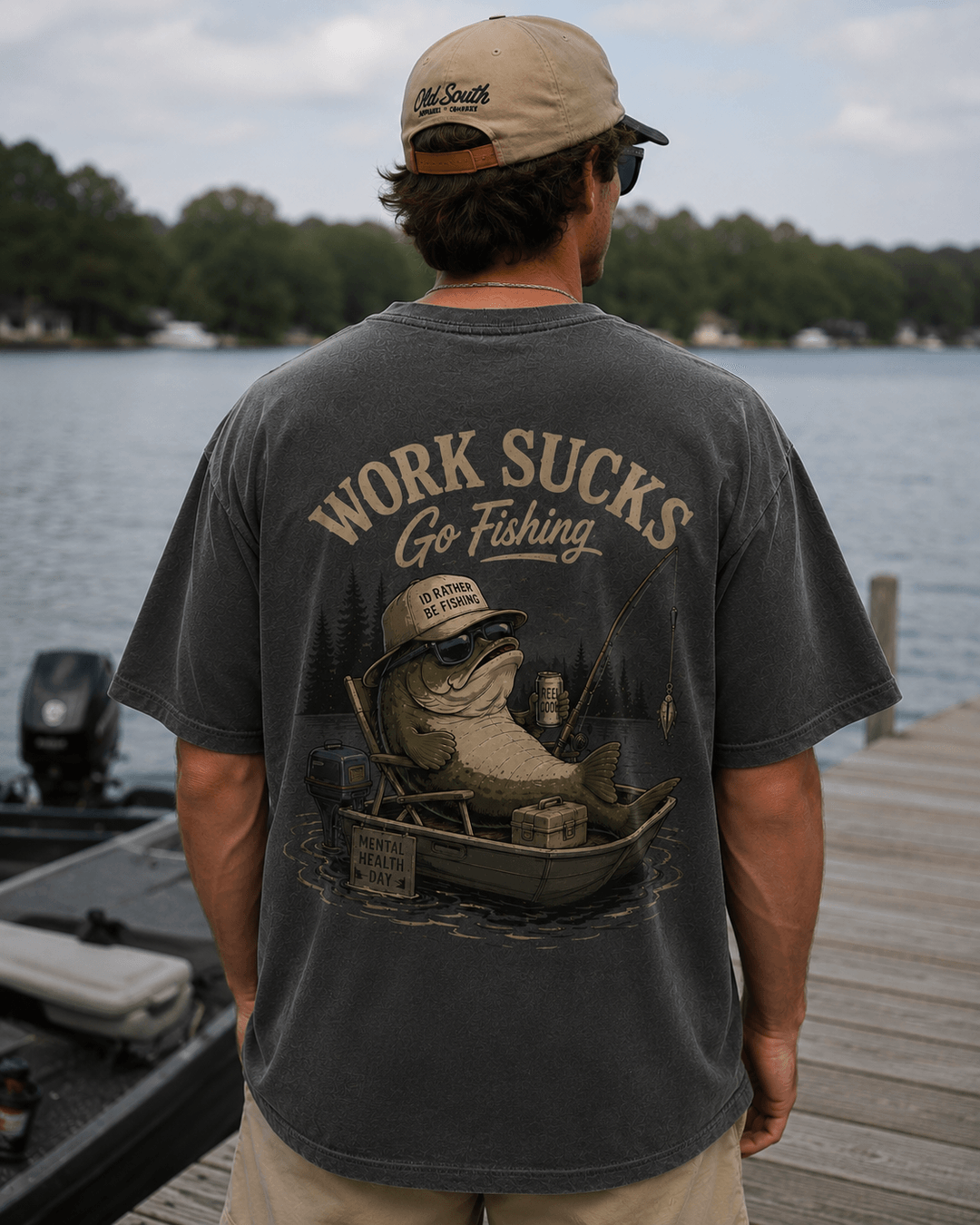 GONE FISHING — dark gray shirt mockup