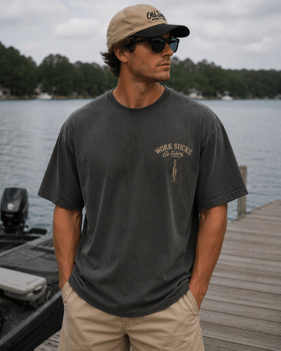GONE FISHING — dark gray shirt mockup