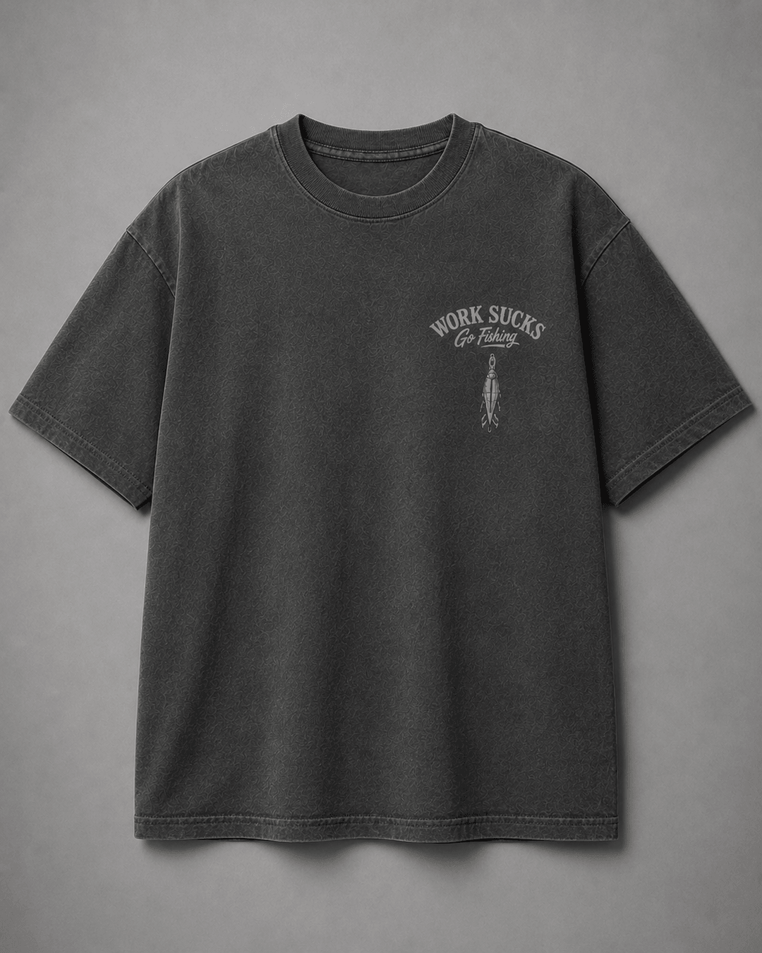 GONE FISHING — dark gray shirt mockup