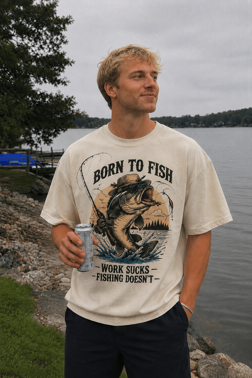 GONE FISHING — white shirt mockup