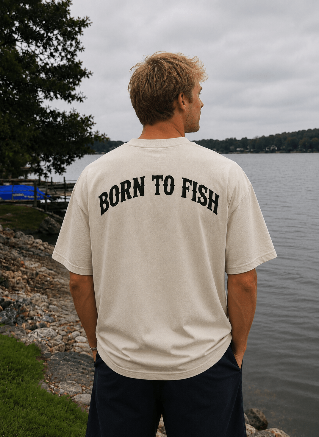 GONE FISHING — white shirt mockup