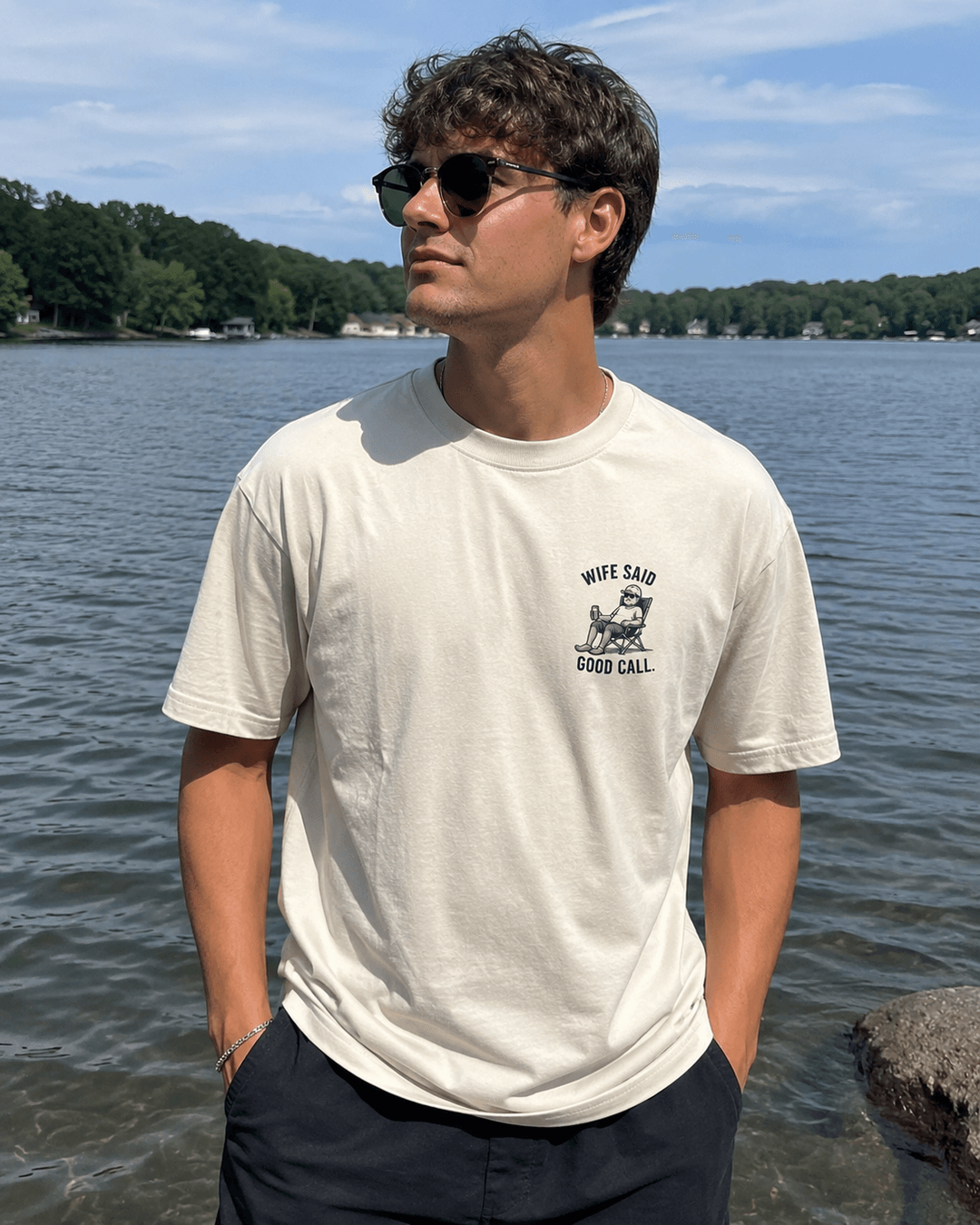 GONE FISHING — white shirt mockup