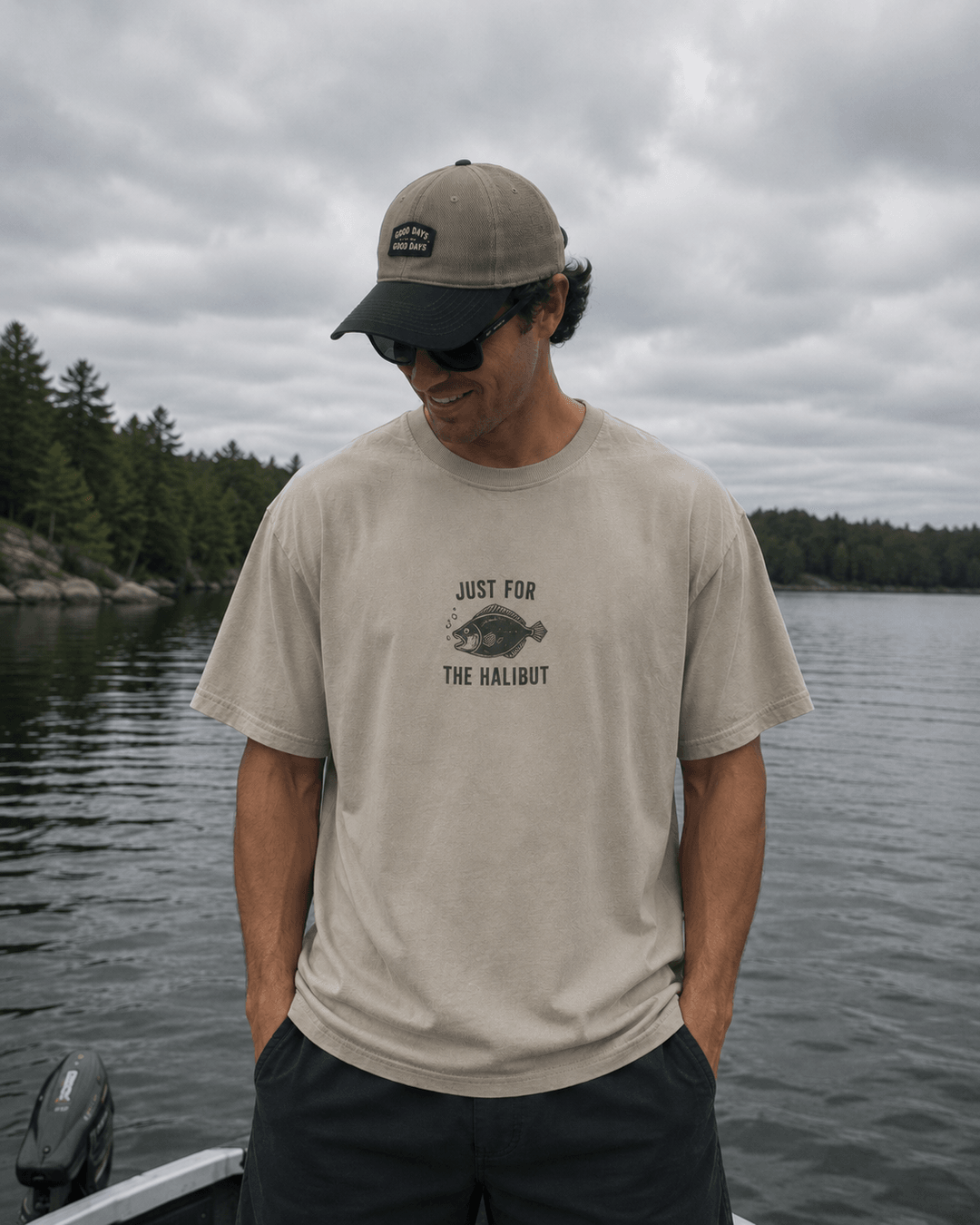GONE FISHING — white shirt mockup