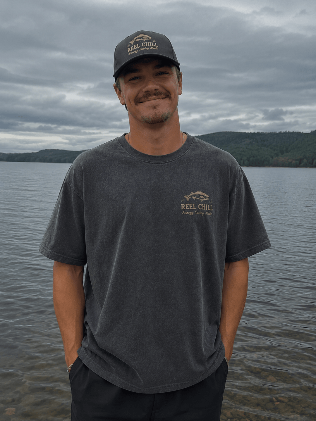 GONE FISHING — dark gray shirt mockup