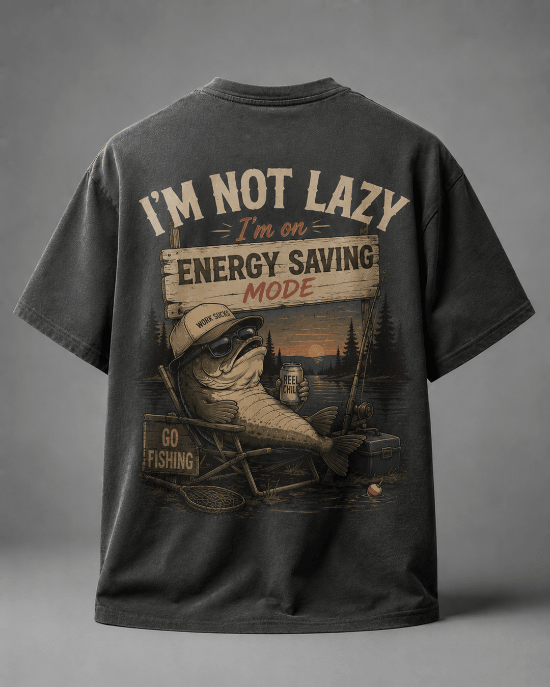 GONE FISHING — dark gray shirt mockup