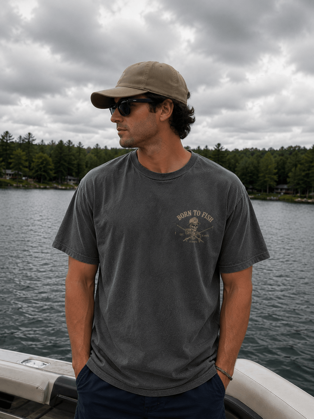GONE FISHING — dark gray shirt mockup