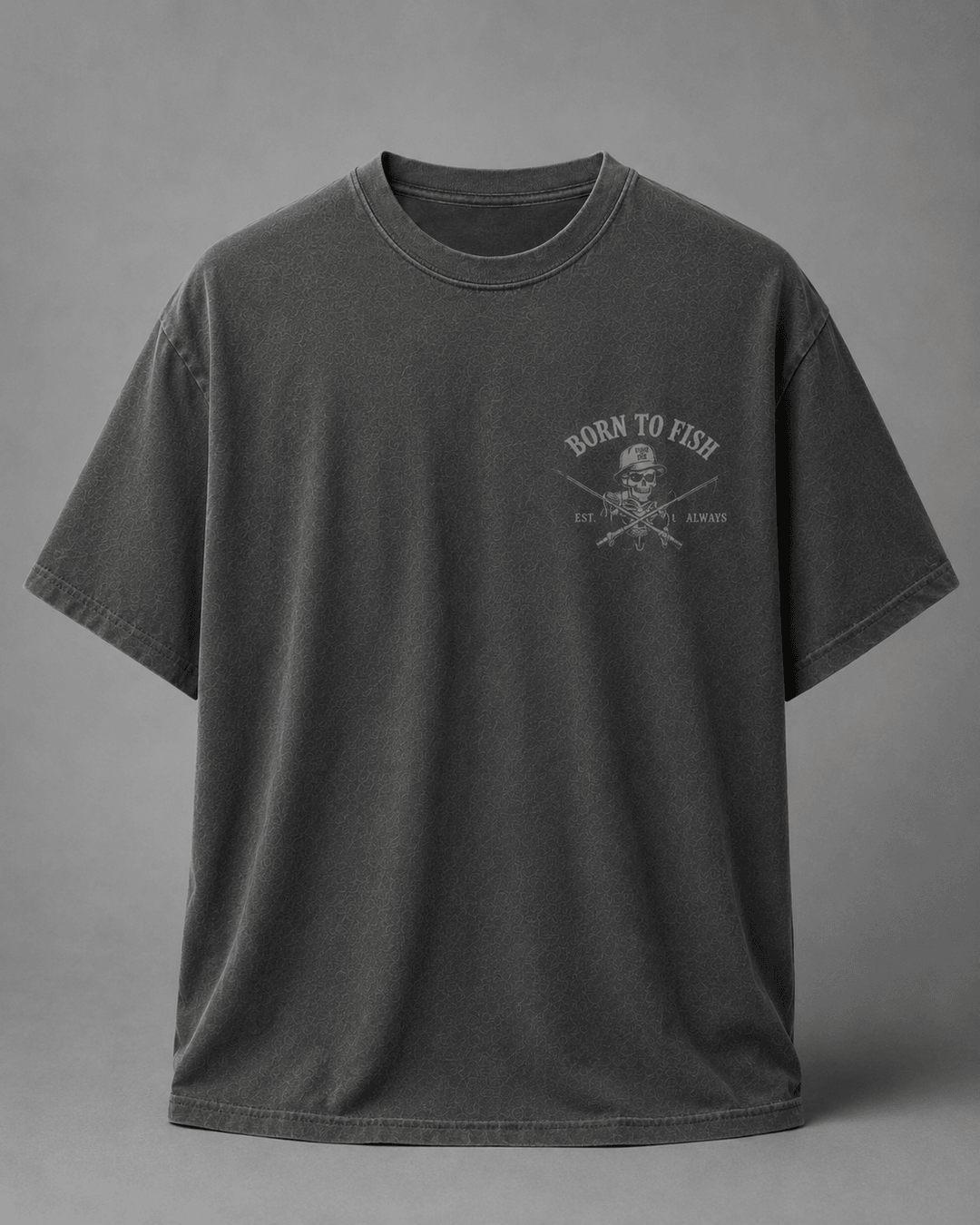 GONE FISHING — dark gray shirt mockup