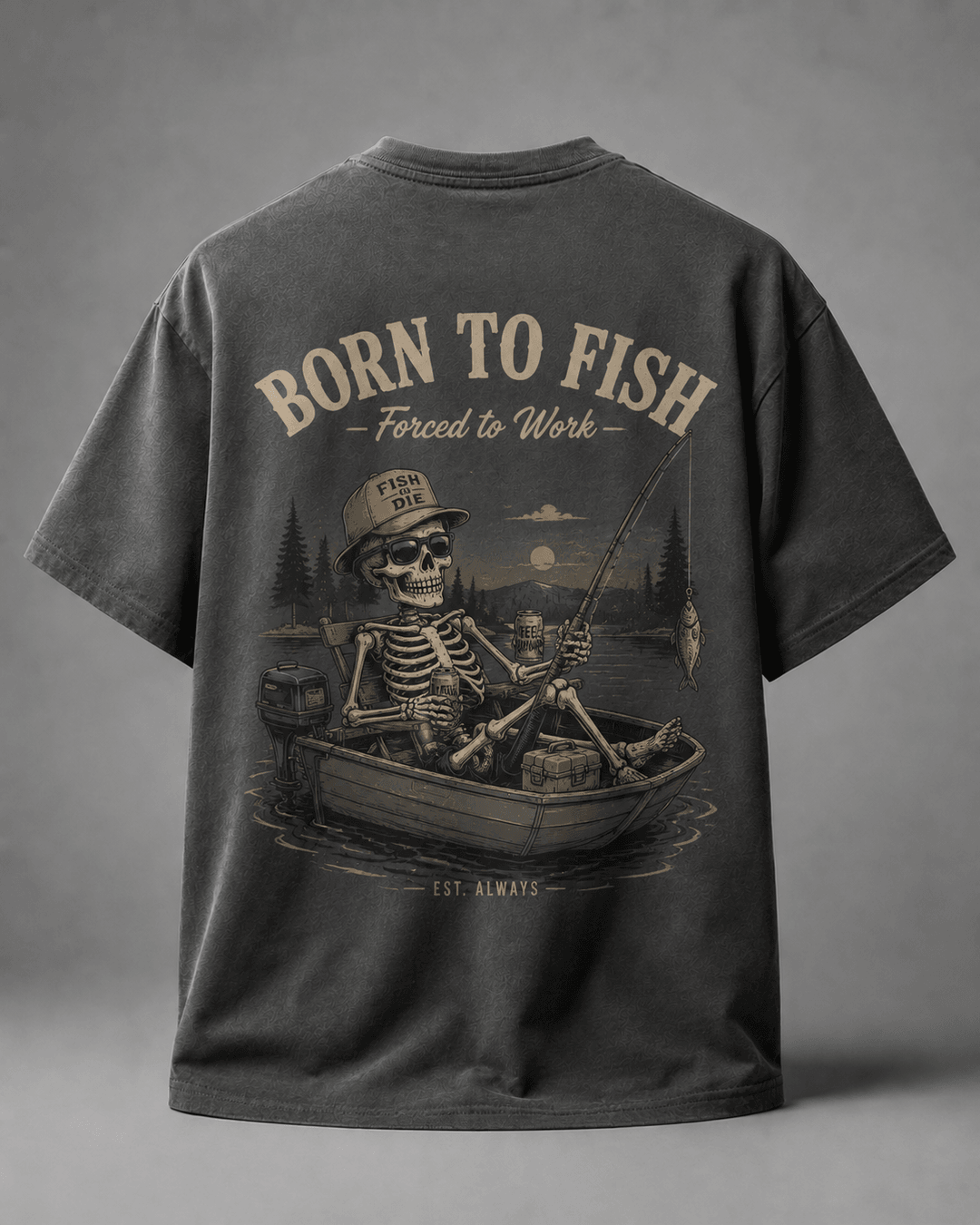 GONE FISHING — dark gray shirt mockup