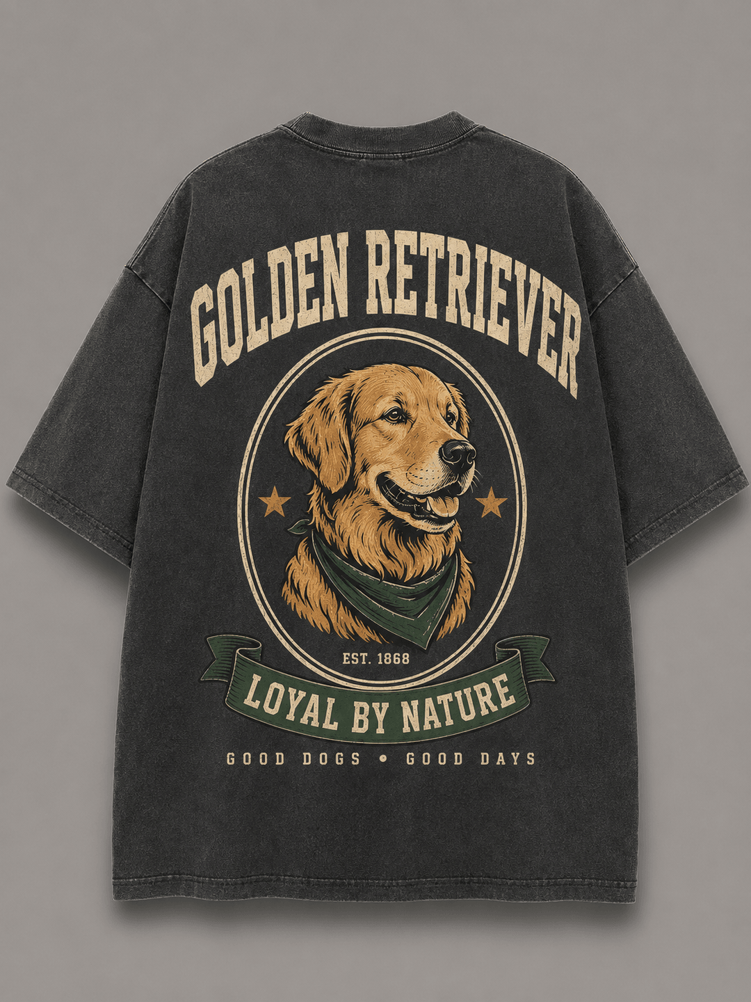 GOLDEN RETRIEVER — dark gray shirt mockup