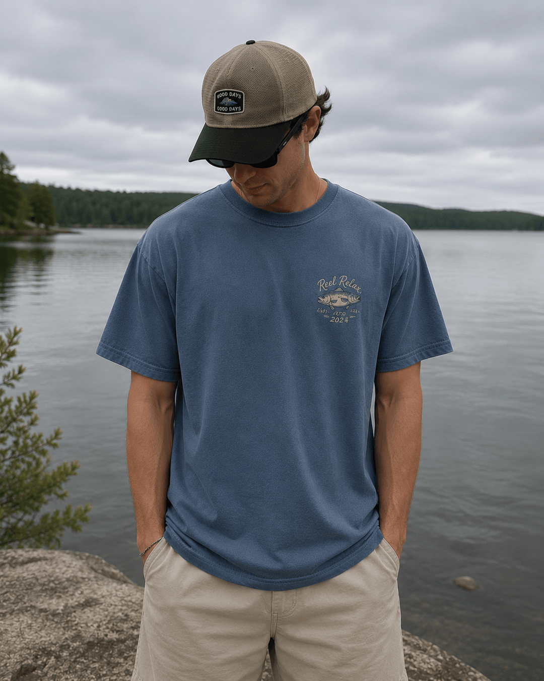 GONE FISHING — navy shirt mockup