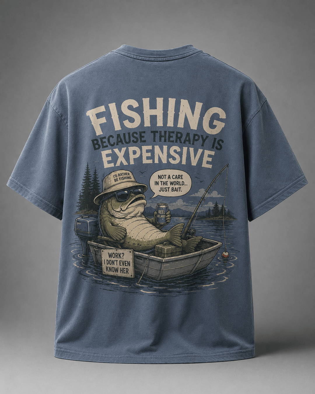 GONE FISHING — navy shirt mockup