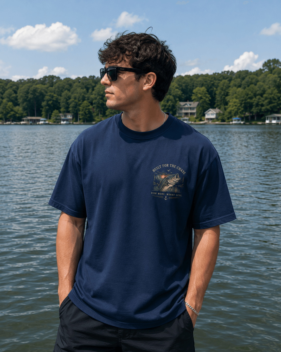 GONE FISHING — navy shirt mockup