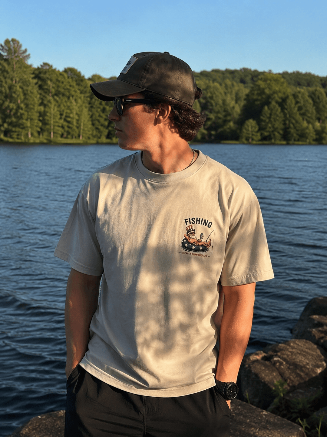 GONE FISHING — white shirt mockup