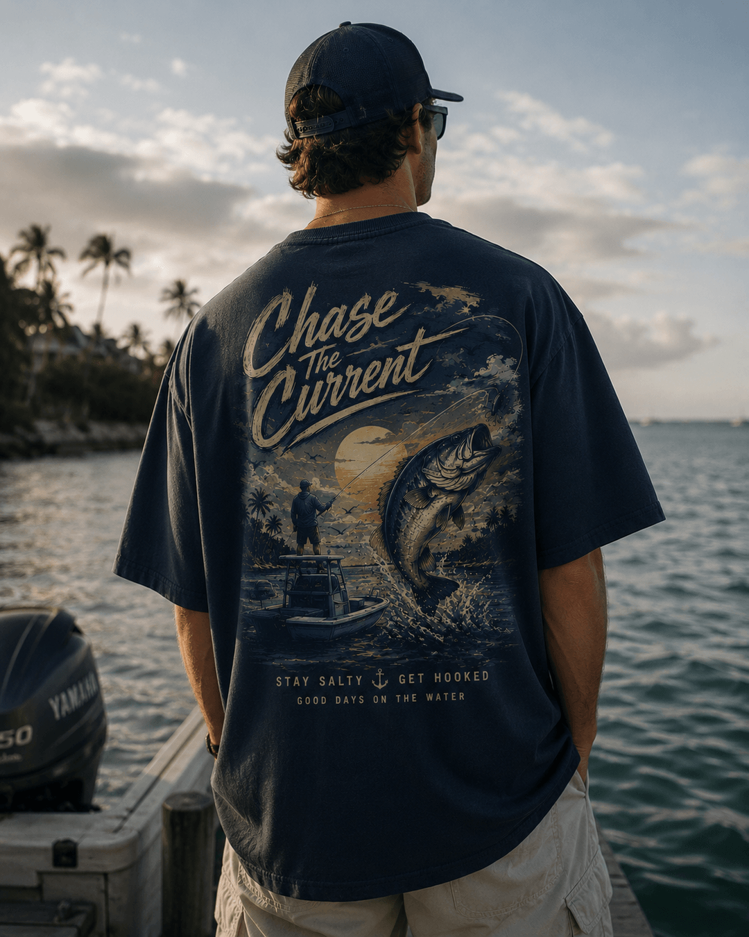 GONE FISHING — navy shirt mockup