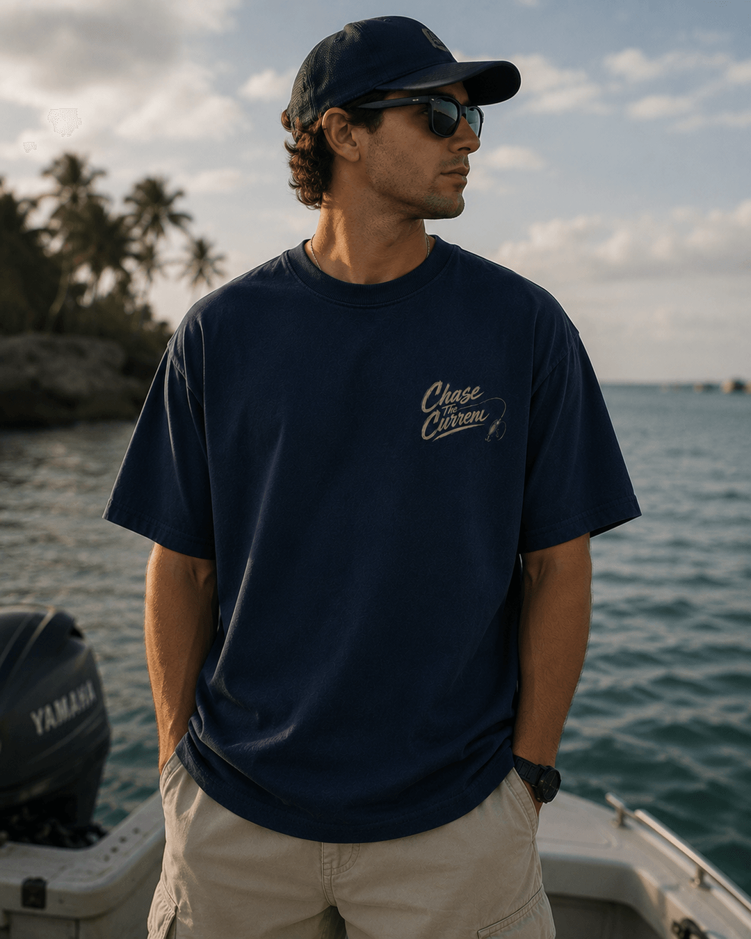 GONE FISHING — navy shirt mockup