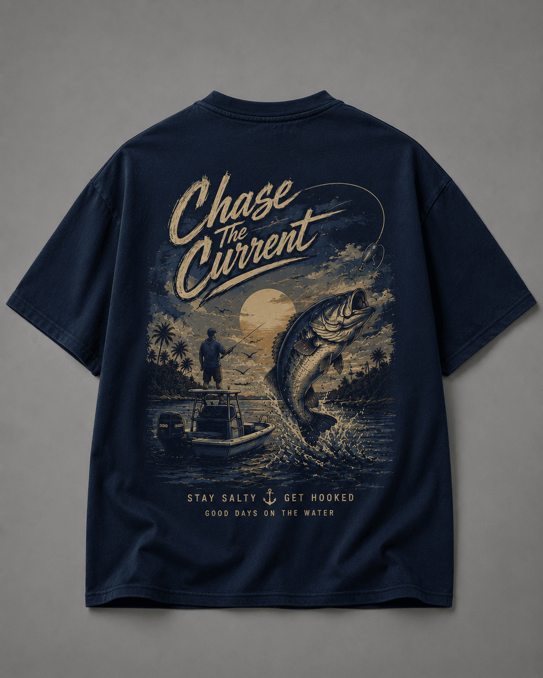 GONE FISHING — navy shirt mockup